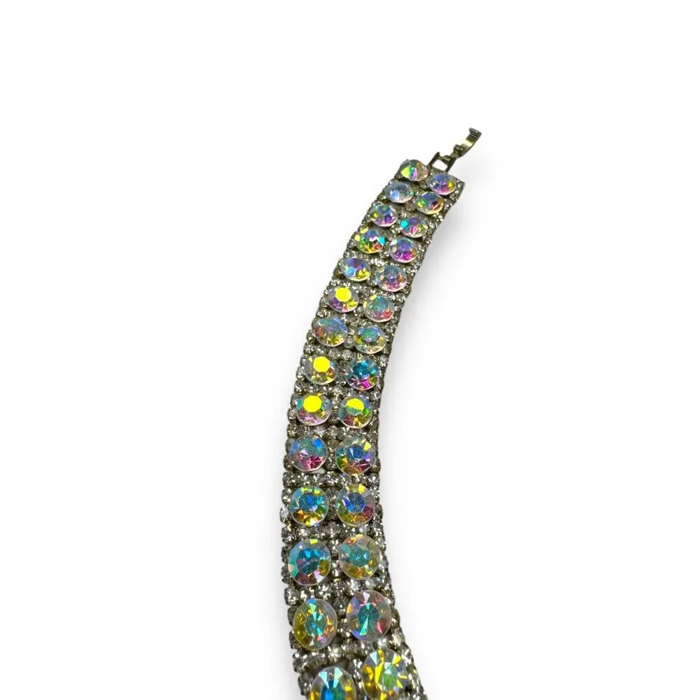 Aurora Borealis Crystal Rhinestone Bracelet 6.75" Fold Over Clasp Vintage - Picture 3 of 8
